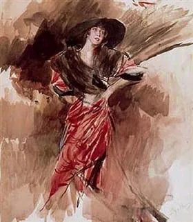 Dame in rode jurk - Giovanni Boldini
