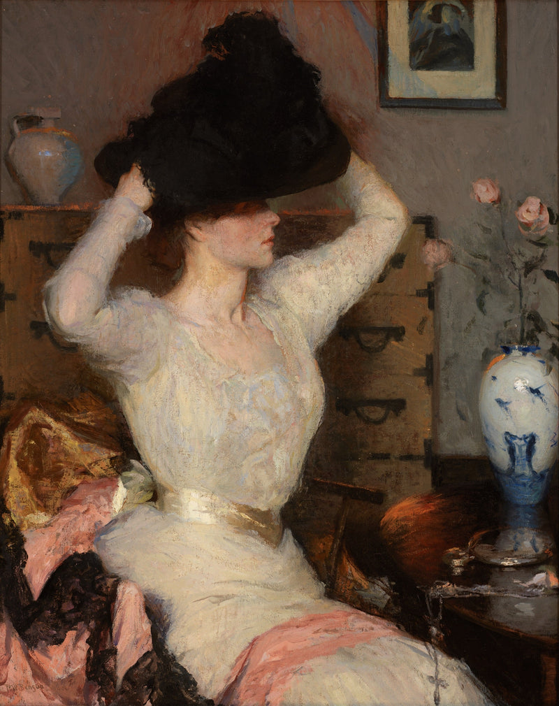 Dame die een hoed probeert (De zwarte hoed) - Frank Weston Benson