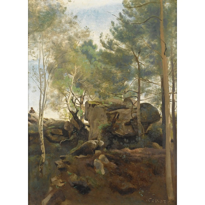 In het Fontainebleau-bos. Dennen en berken tussen de rotsen - Jean-Baptiste Camille Corot