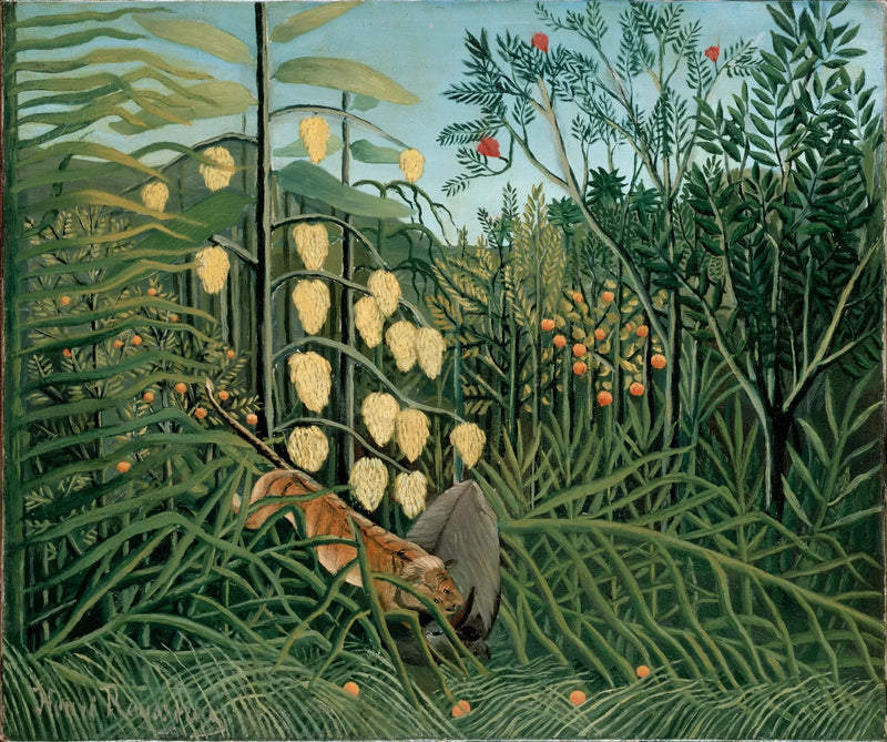 In het regenwoud - Gevecht tussen een tijger en een stier - Henri Rousseau