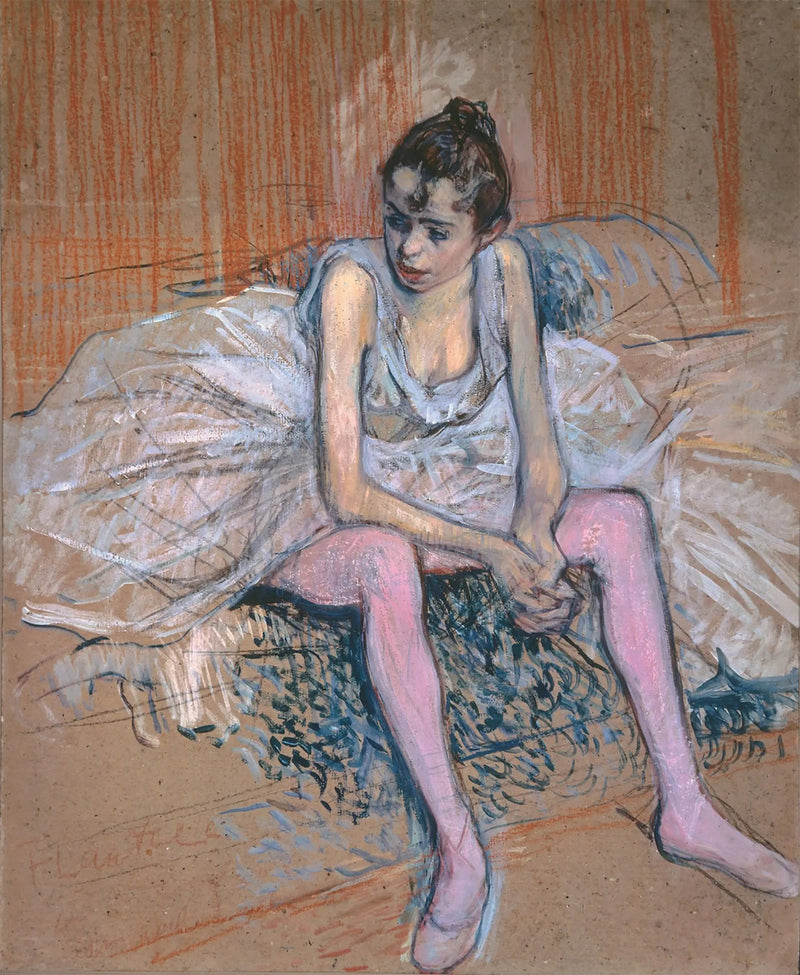 Zittende danseres met roze kousen - Henri de Toulouse-Lautrec