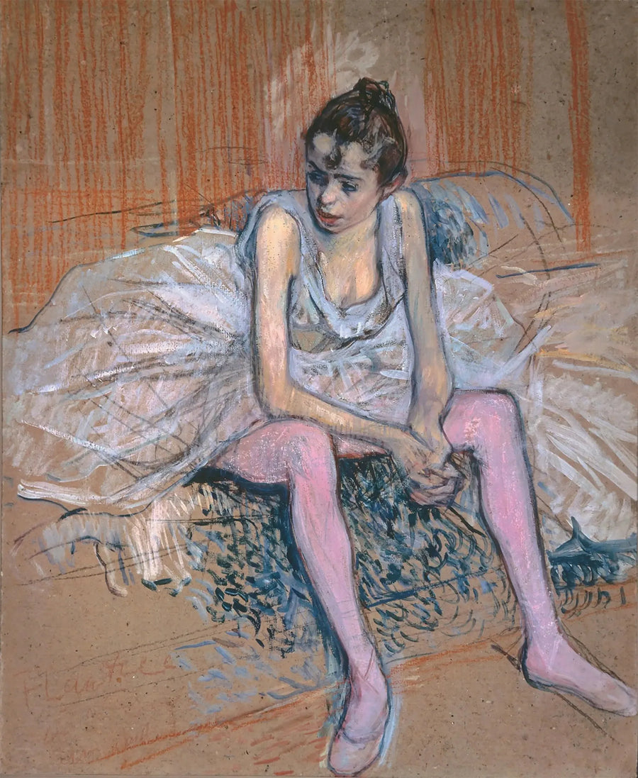 Zittende danseres met roze kousen - Henri de Toulouse-Lautrec