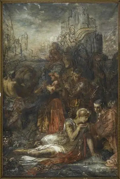 Darius, vluchttend na de Slag bij Arbelles, stopt, uitgeput van vermoeidheid, om te drinken uit een plas - Gustave Moreau