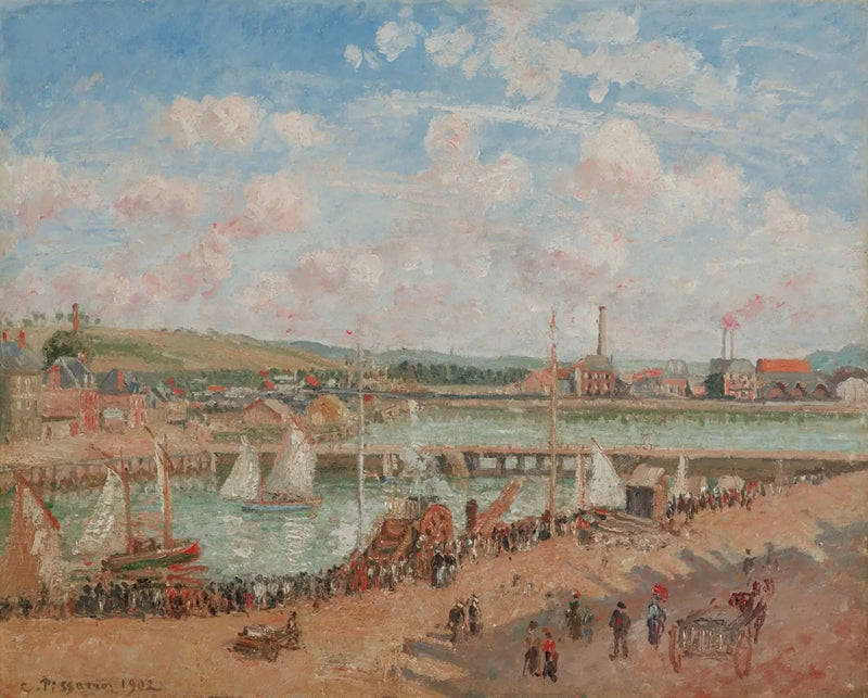 Vissersboot, Dieppe, ochtend, grijze lucht - Camille Pissarro