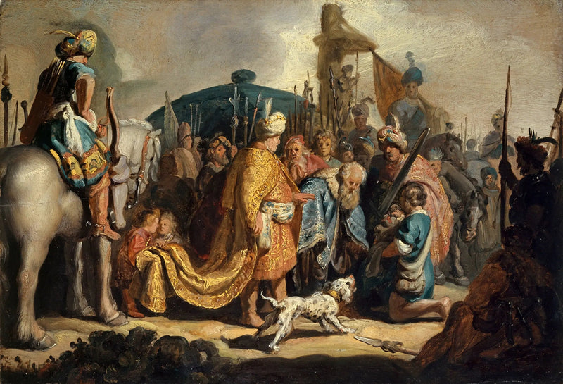 David die het hoofd van Goliath aan koning Saul presenteert - Rembrandt