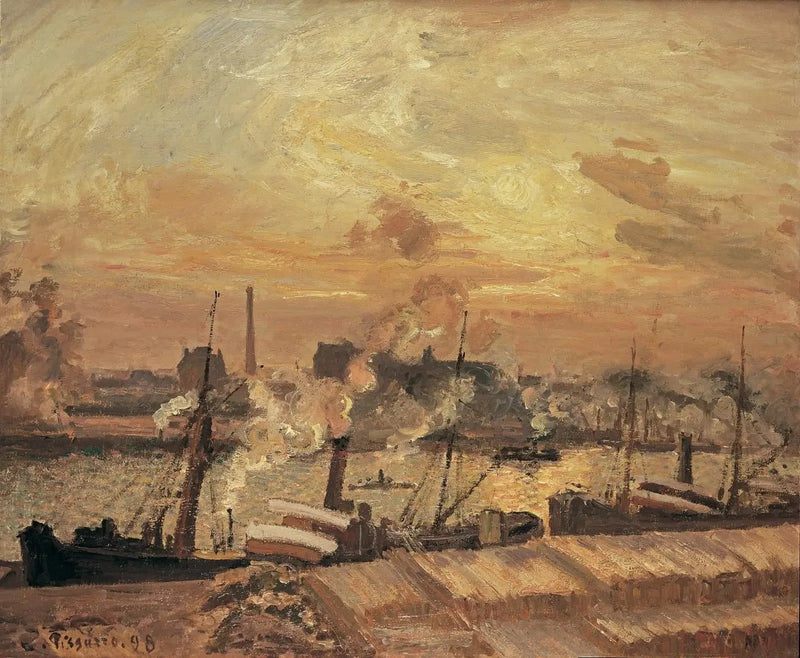 Houtlossing, beurskade, zonsondergang - Camille Pissarro