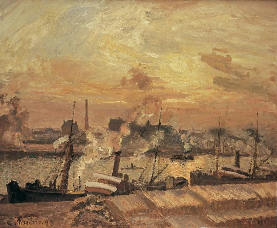 Houtlossing, beurskade, zonsondergang - Camille Pissarro