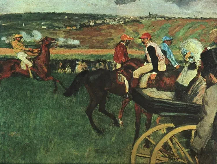 Het raceveld. Amateur jockeys bij een auto - Edgar Degas