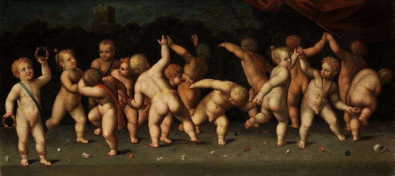 Kinderen dansen in een kring en blazen in een landschap - Denis Calvaert
