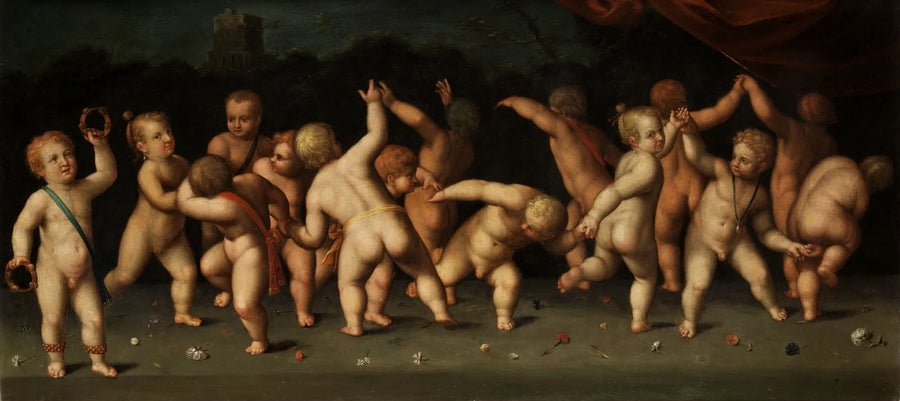 Kinderen dansen in een kring en blazen in een landschap - Denis Calvaert