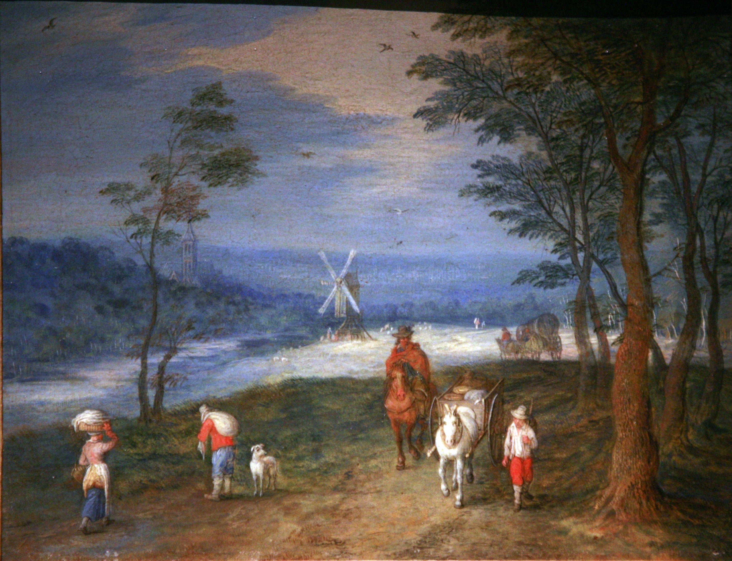 Des paysans sur un chemin, avec un moulin en arrière-plan - Jan Brueghel l'Ancien image 1 tableau peint à l’huile sur toile