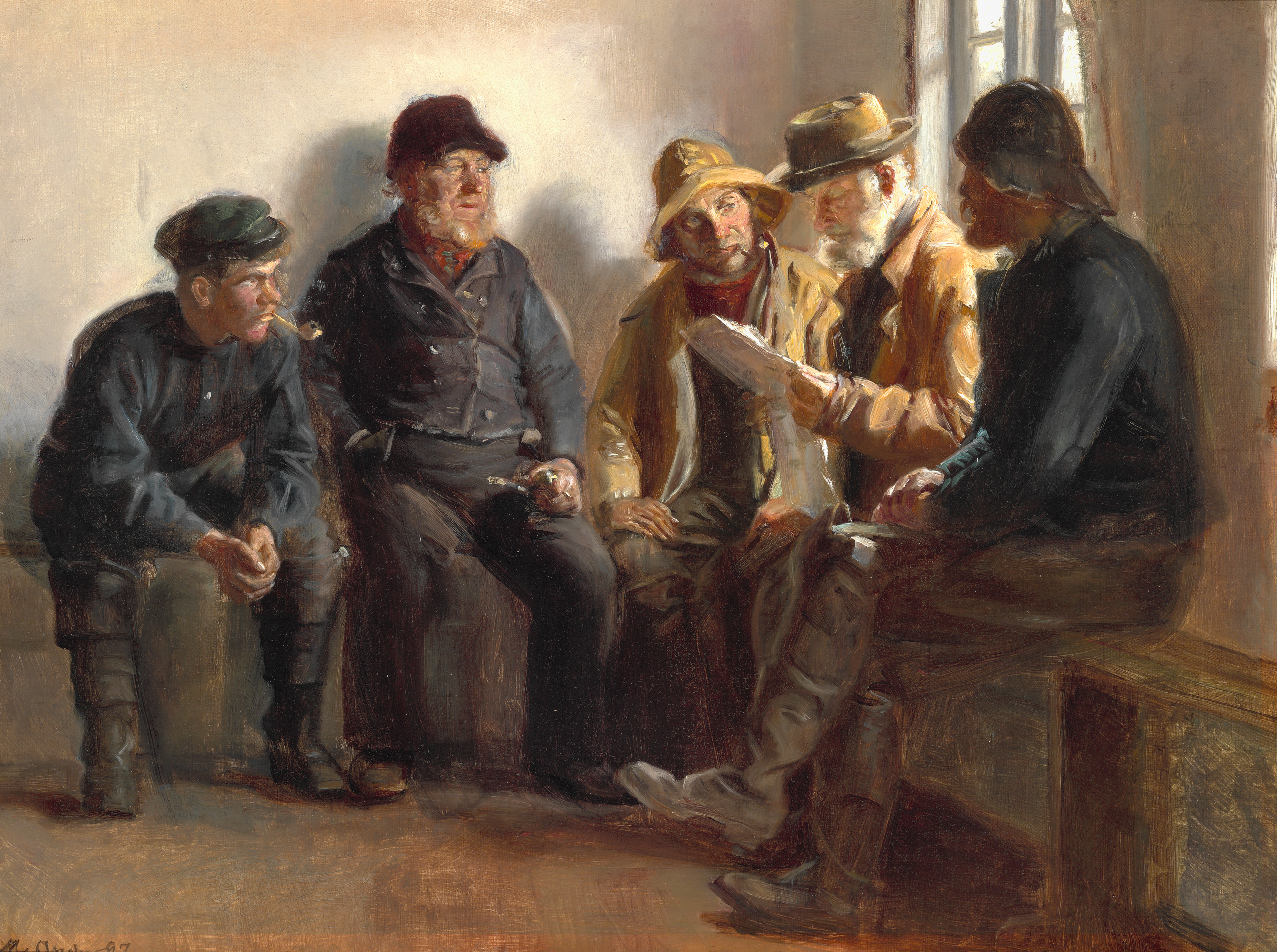 Des pêcheurs dans une épicerie de Skagen. Søren Kruse lit le journal du jour. - Michael Peter Ancher image 1 reproduction artisanale de tableau
