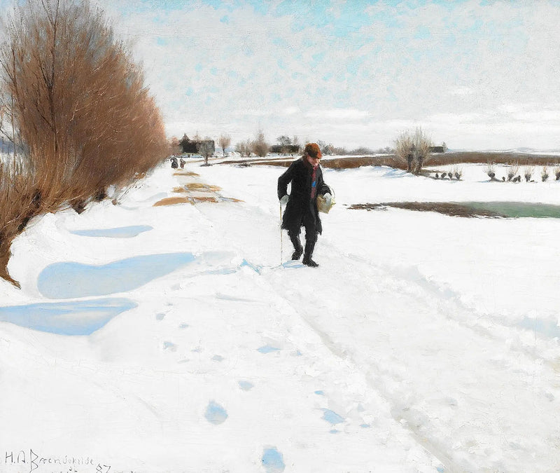 Mensen die over een besneeuwde weg lopen. - H. A. Brendekilde

Source:
Des personnes marchant sur une route enneigée. - H. A. Brendekilde