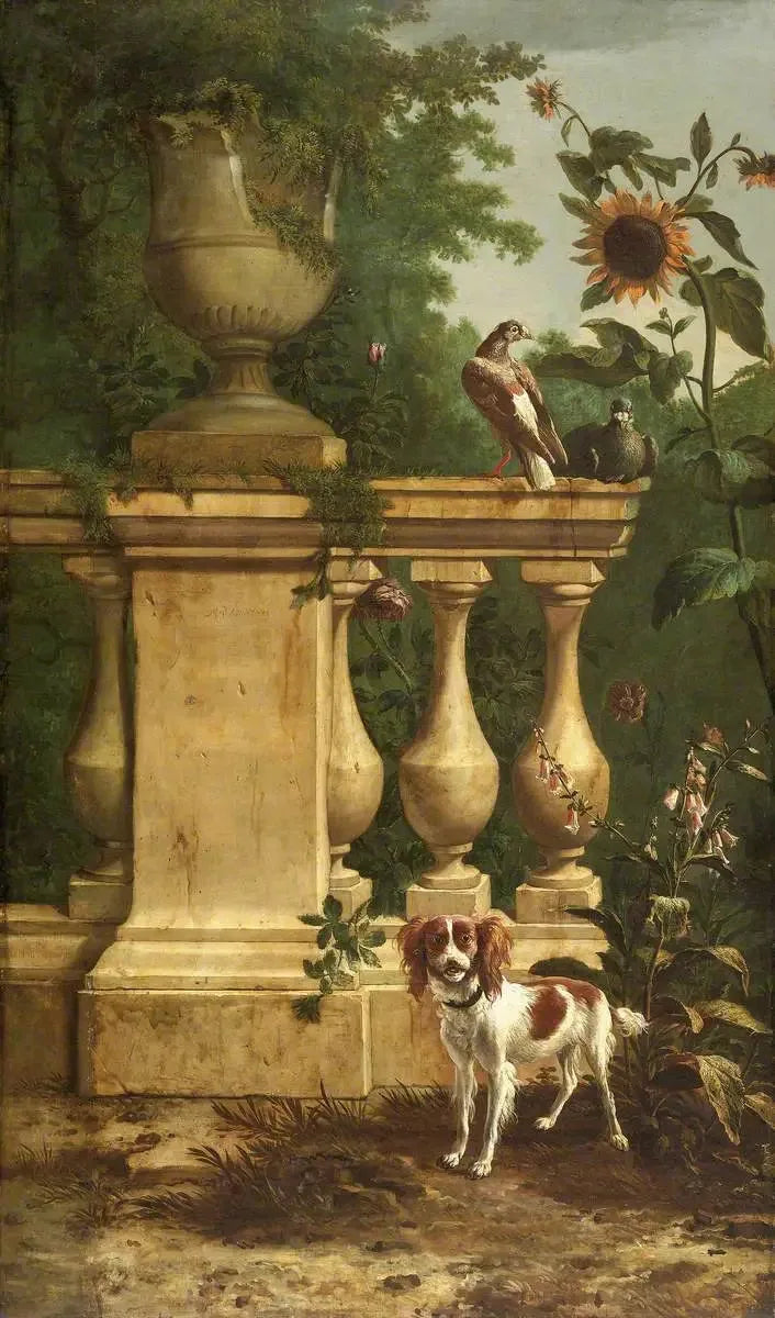 Duiven en een hond in een tuin - Melchior de Hondecoeter