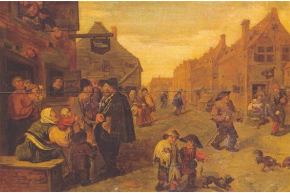 Des rustres écoutant une vielle à roue, devant l'atelier d'un cordonnier, dans une rue de village - Adriaen Brouwer image 1 reproduction réalisée par Alpha Reproduction