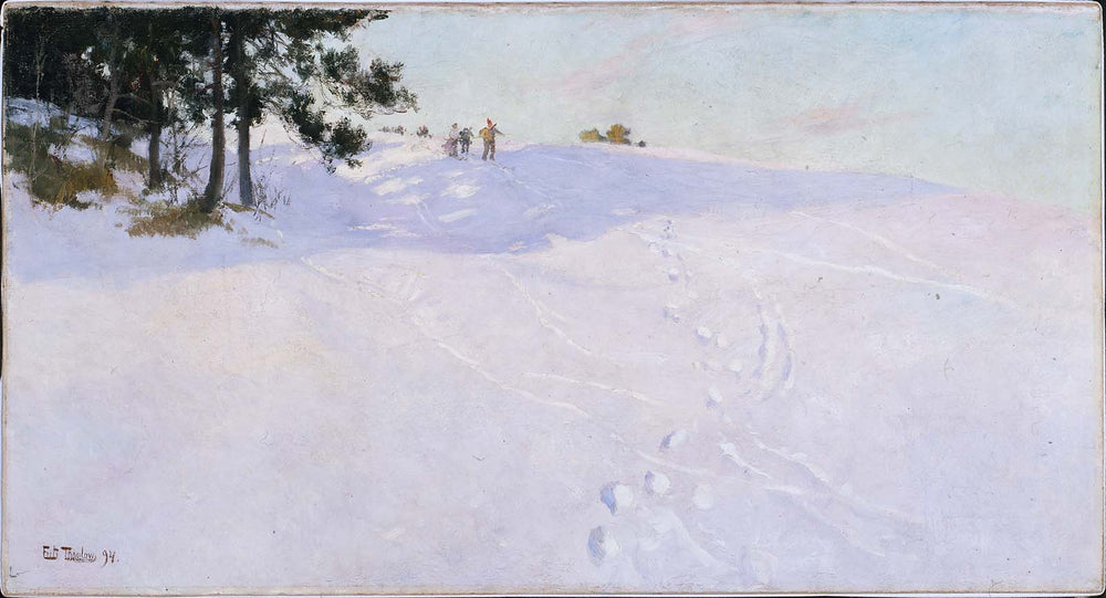 Des skieurs au sommet d'une colline enneigée - Frits Thaulow image 1 reproduction de peinture à l’huile