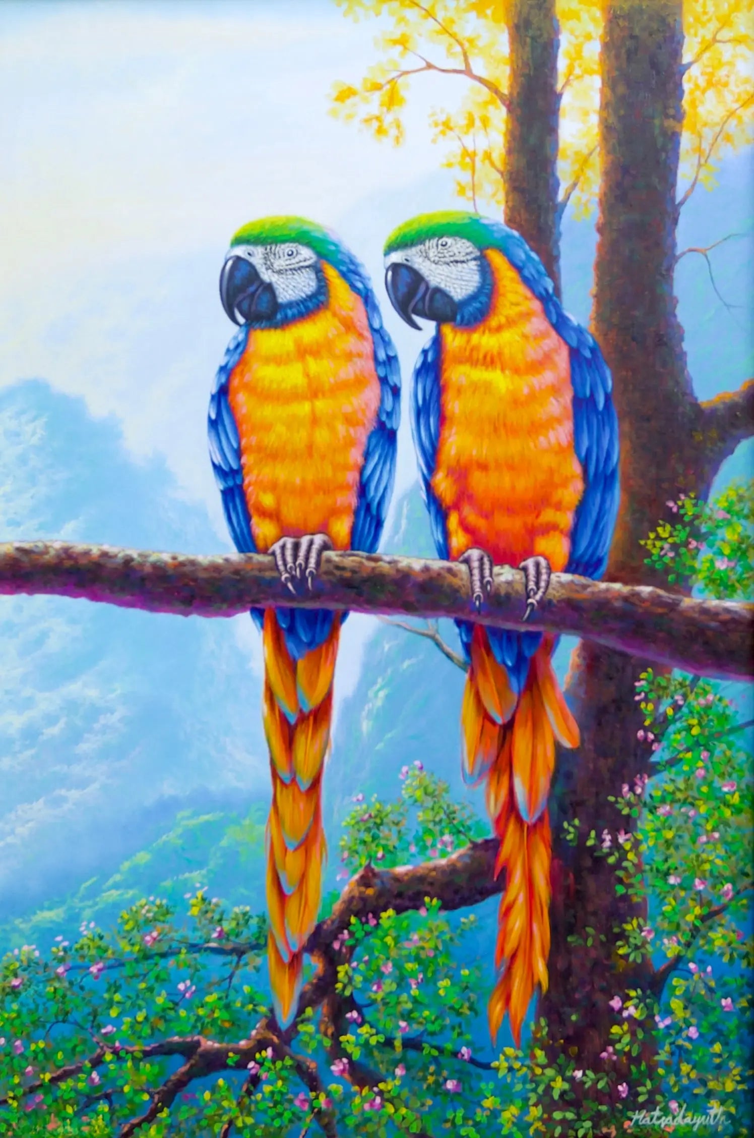 Two Macaws on a Branch - Hudsadayuth | 60 x 90 cm Reproductions de tableaux à la peinture à l’huile