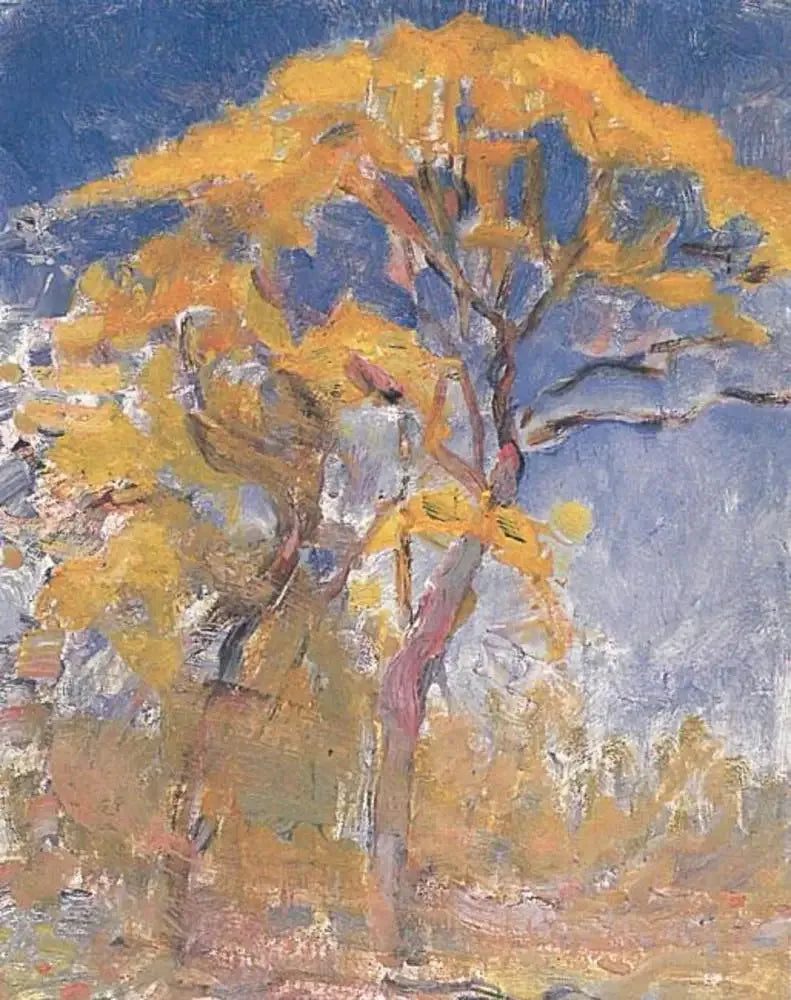 Twee bomen met oranje bladeren tegen de blauwe lucht - Piet Mondrian