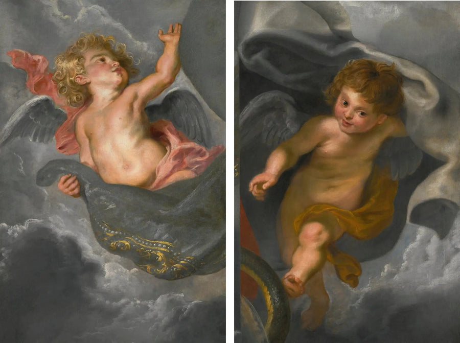 Twee cherubijnen die gordijnen vasthouden - Peter Paul Rubens