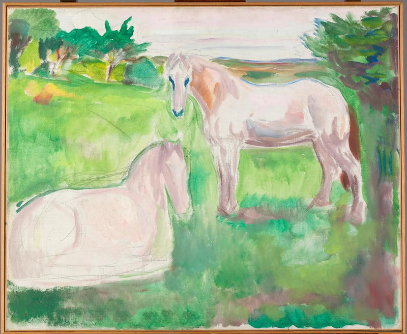 Twee witte paarden in een groene weide - Edvard Munch