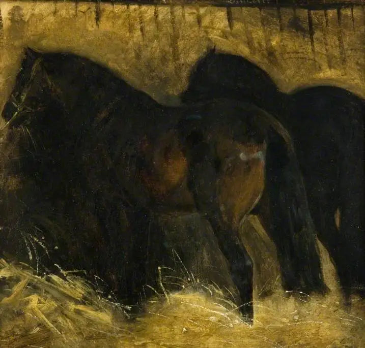 Twee bruine paarden in een stal - Théodore Géricault