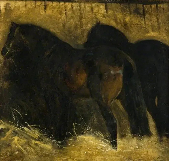 Twee bruine paarden in een stal - Théodore Géricault