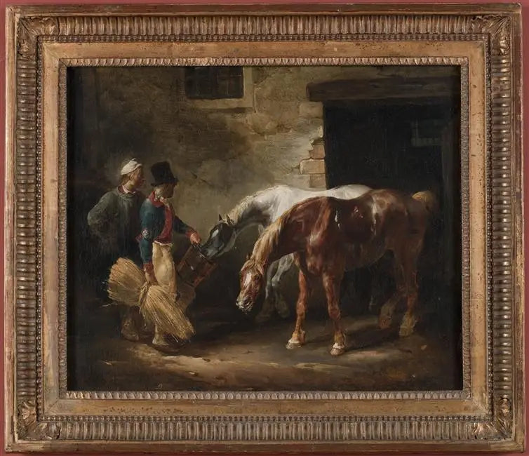 Twee postpaarden bij de deur van een stal - Théodore Géricault