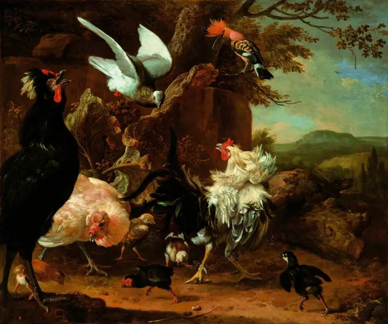 Twee hanen, een hen en kuikens met een duif en een huppe. - Melchior de Hondecoeter