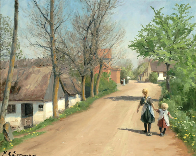 Twee kinderen die hand in hand lopen op een dorpsweg. - H. A. Brendekilde

Source:
Deux enfants marchant main dans la main sur une route de village. - H. A. Brendekilde