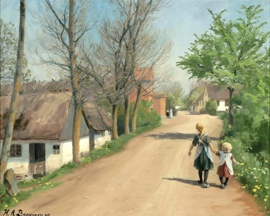 Twee kinderen die hand in hand lopen op een dorpsweg. - H. A. Brendekilde

Source:
Deux enfants marchant main dans la main sur une route de village. - H. A. Brendekilde