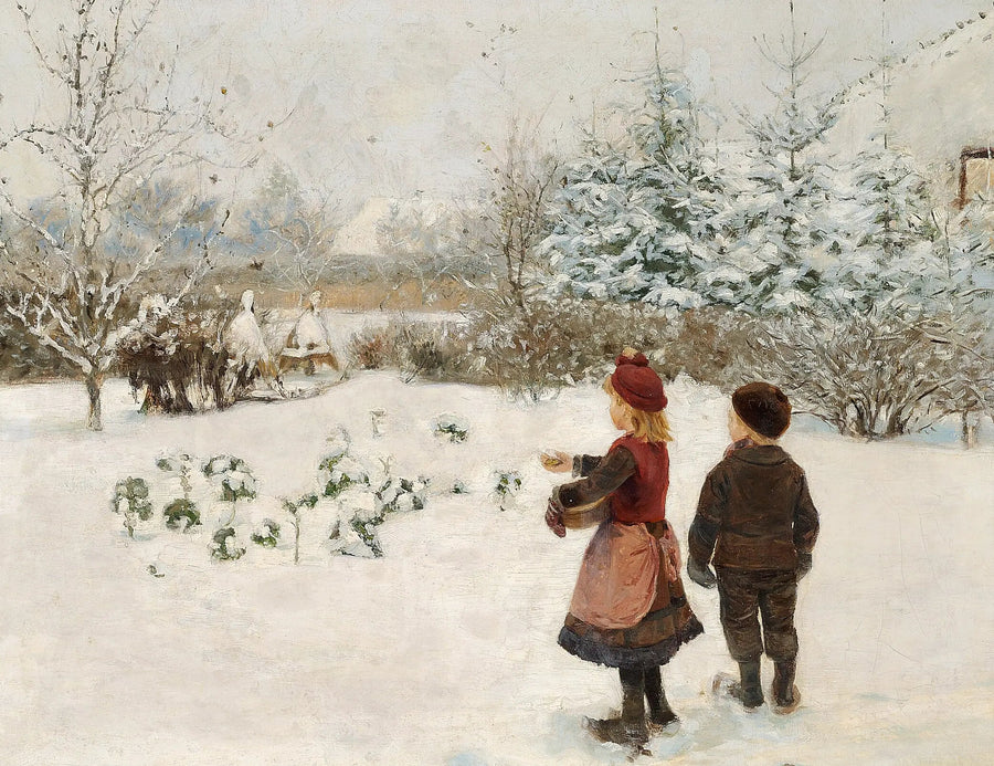 Twee kinderen voeden vogels in de sneeuw. - H. A. Brendekilde

Source:
Deux enfants nourrissent des oiseaux dans la neige. - H. A. Brendekilde