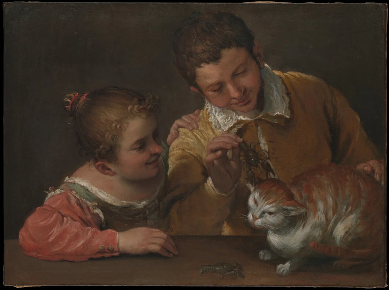 Twee kinderen die een kat kwellen - Annibale Carracci