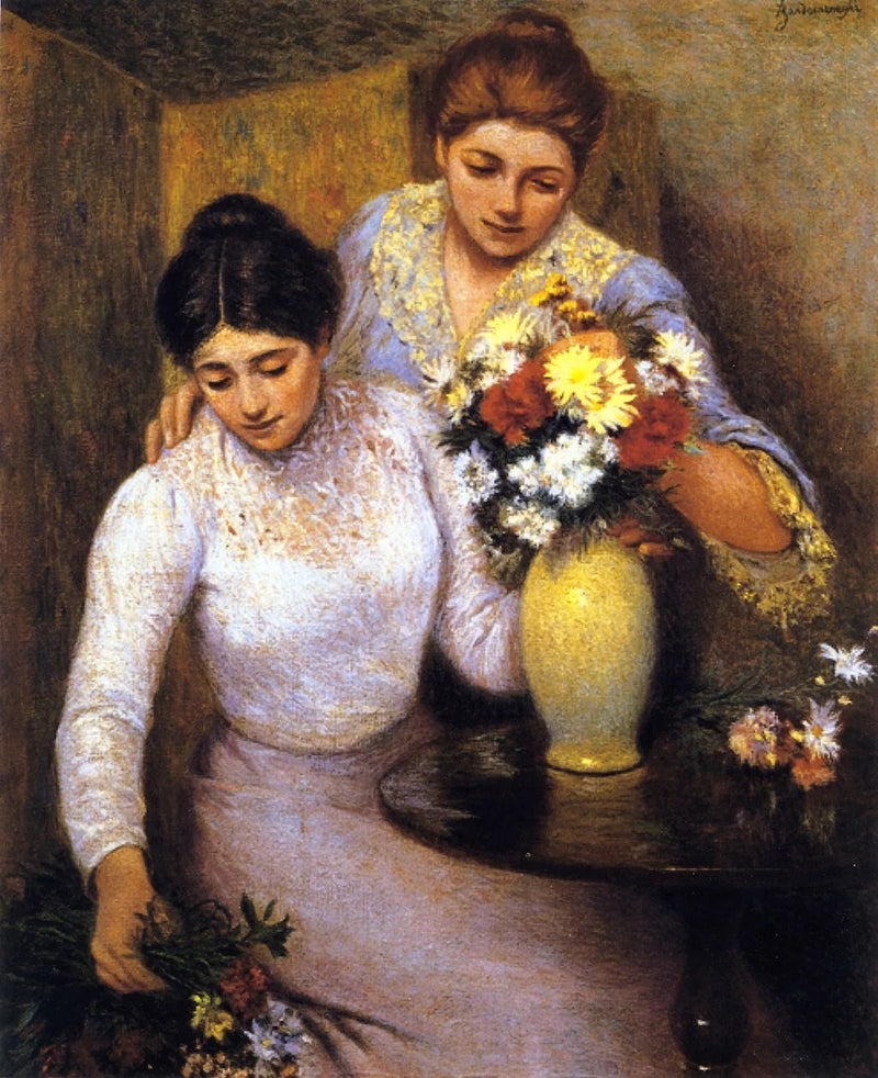Twee meisjes die bloemen rangschikken - Federico Zandomeneghi