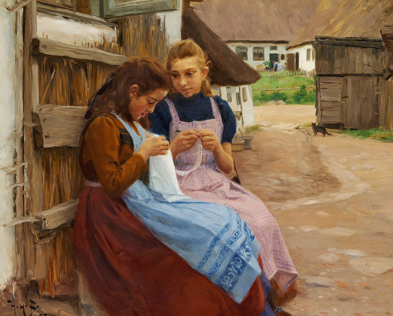 Twee meisjes met naaiwerk zittend in de boerderijtuin. - H. A. Brendekilde

Source:
Deux filles avec des travaux d'aiguille assises dans la cour d'une ferme. - H. A. Brendekilde