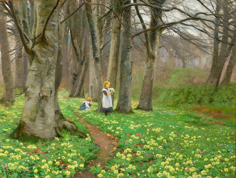 Twee meisjes plukken bloemen in een bos in de lente. - H. A. Brendekilde

Source:
Deux filles cueillent des fleurs dans une forêt au printemps. - H. A. Brendekilde