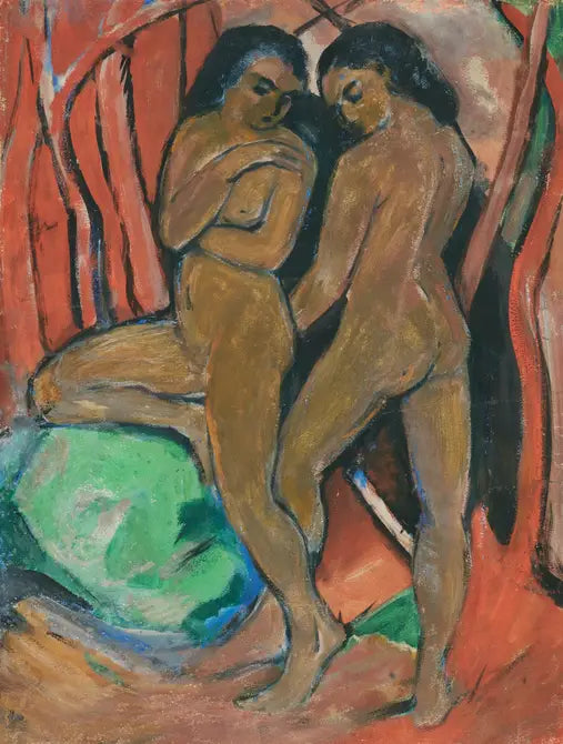 Twee naakte meisjes staand met een groene steen - Franz Marc