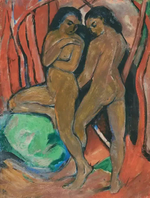 Twee naakte meisjes staand met een groene steen - Franz Marc