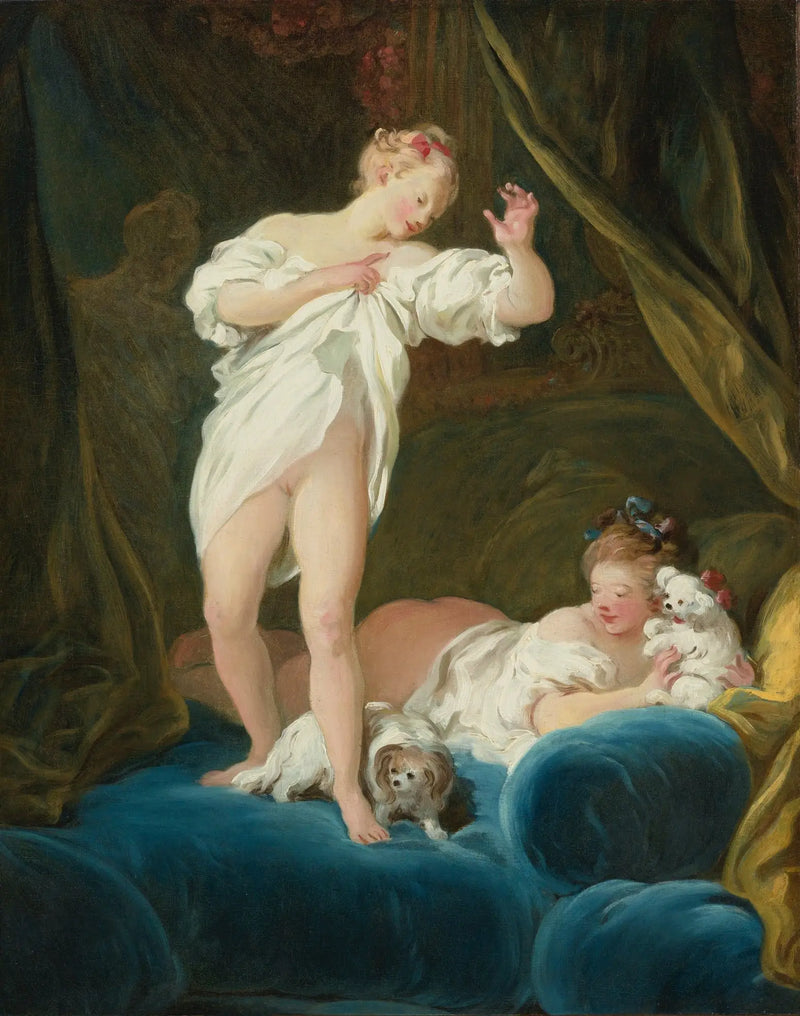 Twee meisjes op een bed die spelen met hun honden - Jean-Honoré Fragonard