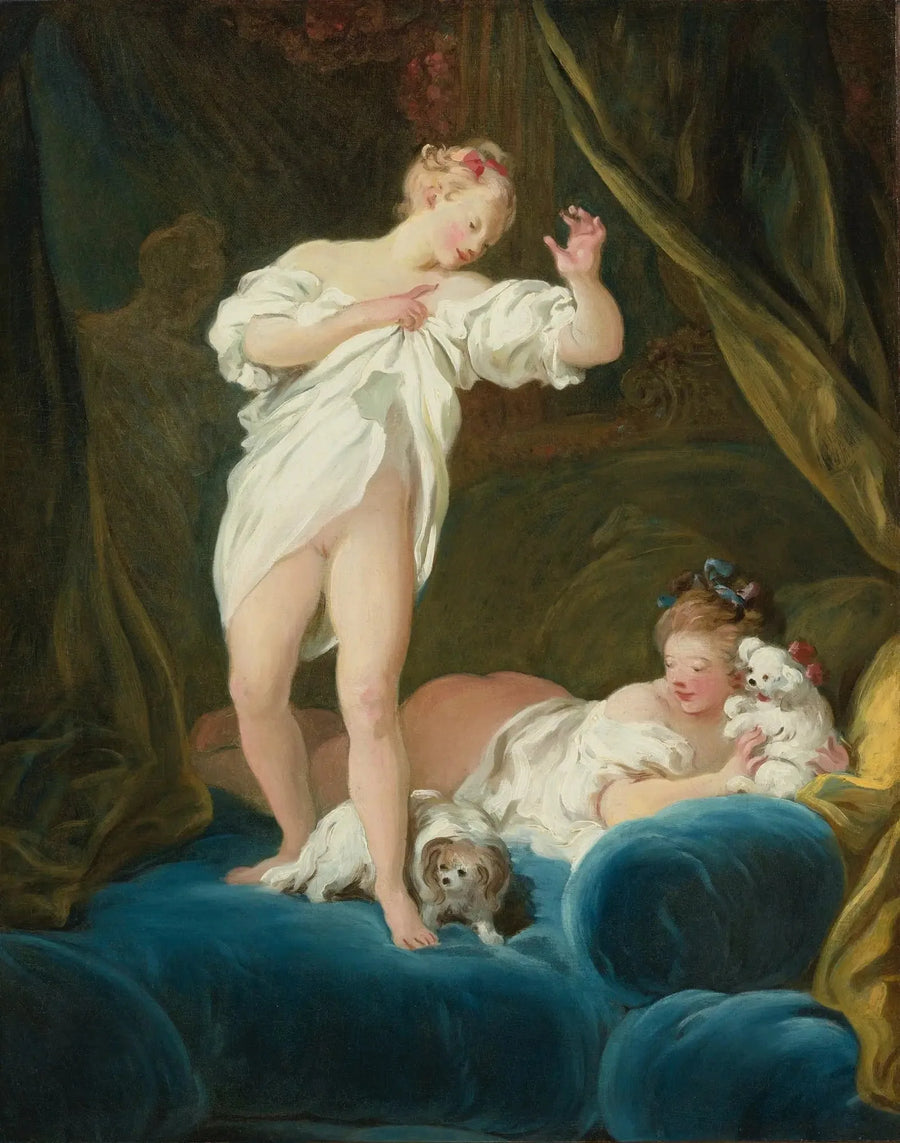 Twee meisjes op een bed die spelen met hun honden - Jean-Honoré Fragonard