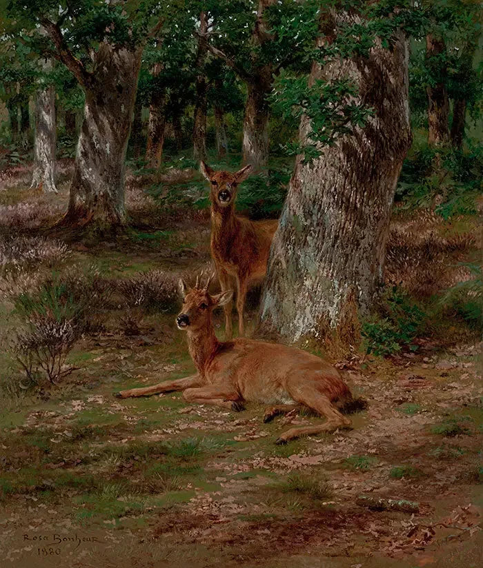 Twee jonge herten in een bos - Rosa Bonheur