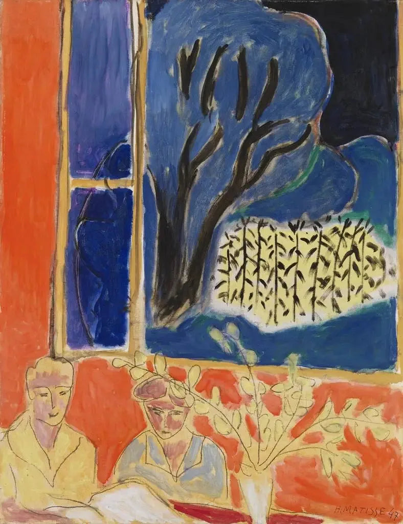 Twee jonge meisjes in een koraalkleurig interieur, blauwe tuin (Twee meisjes, koraalachtergrond, blauwe tuin) - Henri Matisse