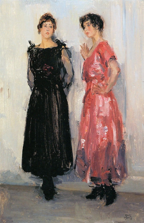 Twee modellen, Epi en Gertie, in het modehuis Hirsch in Amsterdam - Isaac Israëls