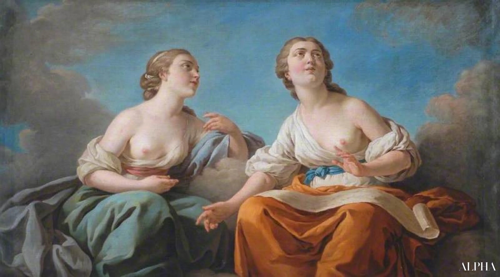 Twee muzen, allegorie van de vijf zintuigen (boven de deur) - Louis Jean François Lagrenée - Reproducties van schilderijen en hoogwaardige schilderkunst