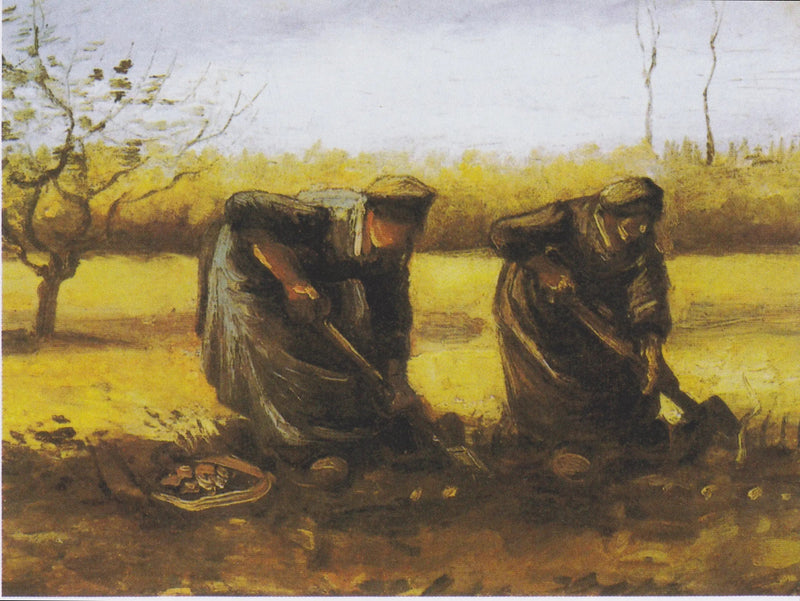 Twee boerinnen die aardappelen aan het rooien zijn - Vincent van Gogh