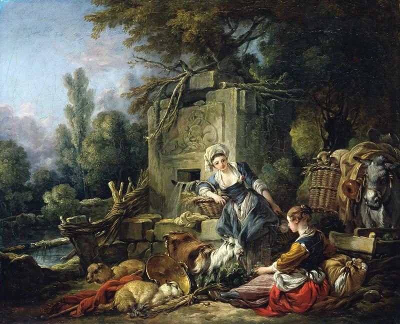 Twee boerenvrouwen bij een rustieke fontein - François Boucher