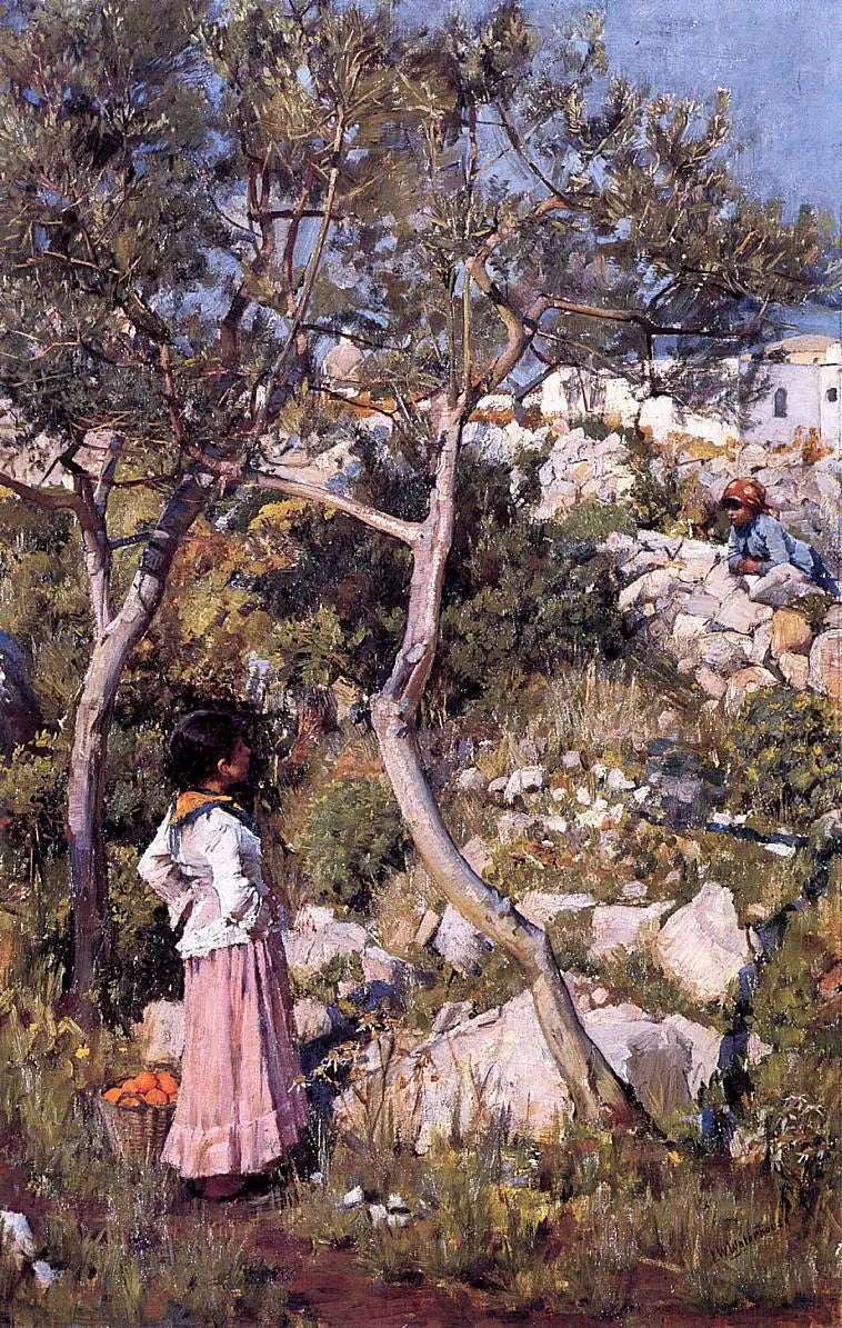 Reproduction du tableau « Deux petites filles italiennes près d'un village - John William Waterhouse » par Alpha Reproduction en peinture à l’huile