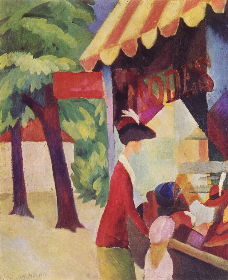 Voor de hoedenwinkel (Vrouw met een rode jas en een kind) - August Macke