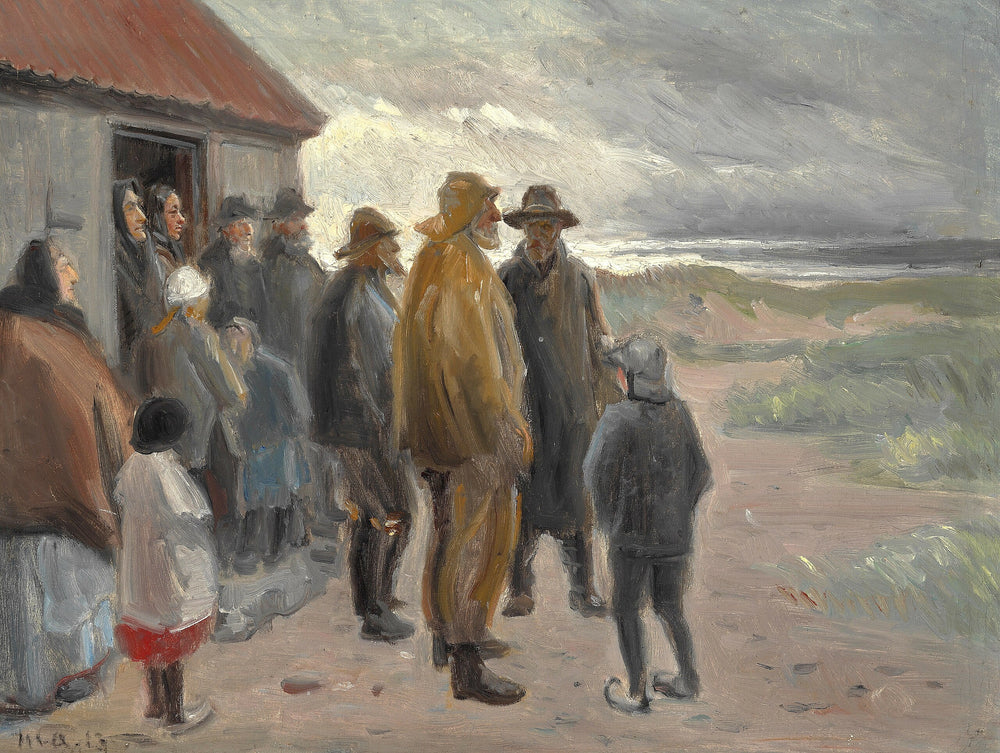 Devant la maison du pêcheur. Temps orageux, Skagen. - Michael Peter Ancher image 1 reproduction de peinture à l’huile