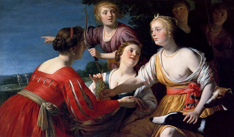 Diane rustend na de jacht, met herders en twee windhonden, een landschap daarachter - Gerrit van Honthorst