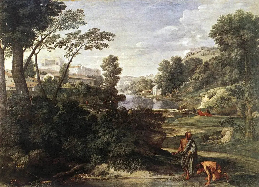 Diogenes die zijn kom werpt - Nicolas Poussin